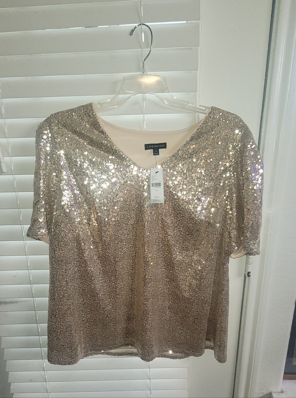 Lane Bryant Champagne Sequin Short Sleeve V-Neck Top
